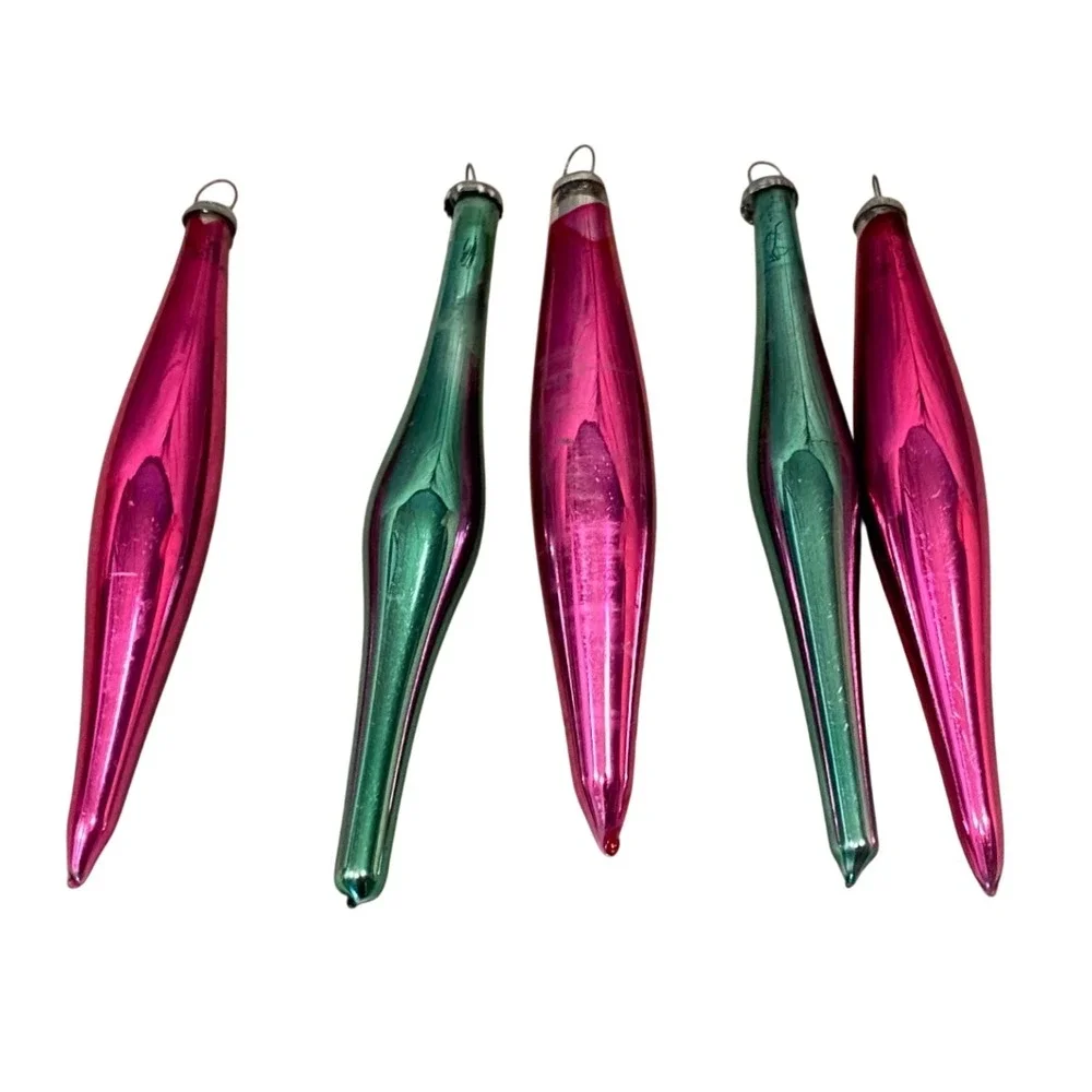 Vintage Franke Tear Drops Glass Tree Ornaments Pink Teal Set of 5 Japan 4040